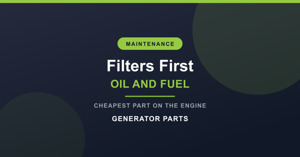 Generator oil and fuel filters laid out for a scheduled diesel engine service