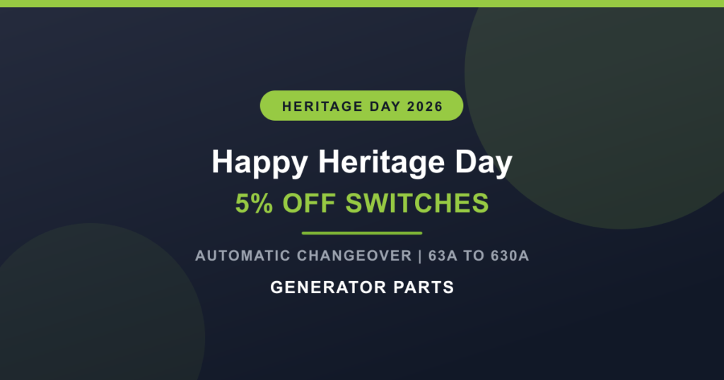 Generator Parts Heritage Day banner: happy Heritage Day, 5% off automatic changeover switches, 14 units on special from 63A to 630A