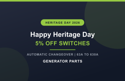 Generator Parts Heritage Day banner: happy Heritage Day, 5% off automatic changeover switches, 14 units on special from 63A to 630A